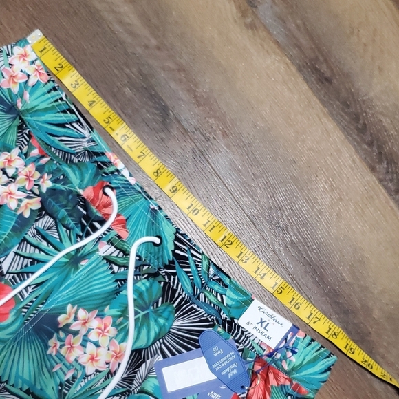 Caribbean Swim Trunks - Black, Green, Red Tropical Floral Pattern - Picture 4 of 8